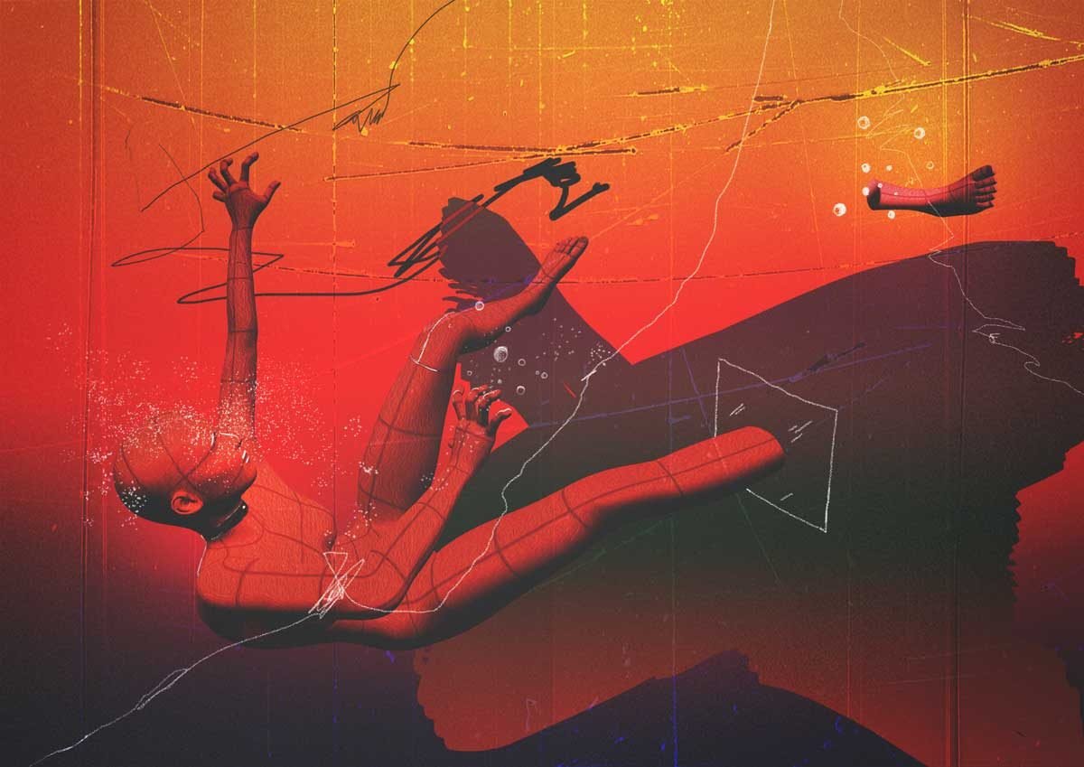Ilustración: una figura roja cayendo entre trazos y geometrías