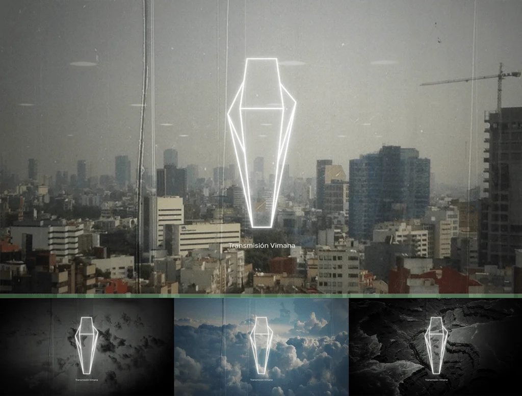 Cuatro variantes del signo Vimana sobre distintos paisajes: ciudad, nubes, montaña